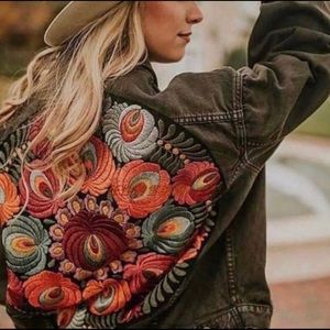 Boho Embroidered Oversized Jean Jacket Distressed NWT
